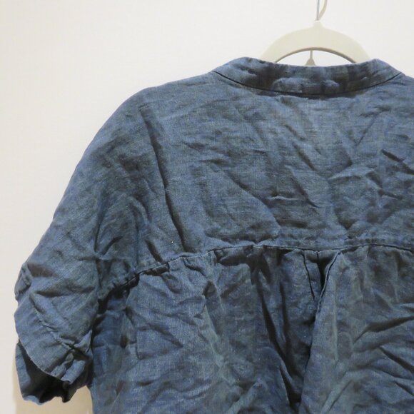 EILEEN FISHER Washed Organic Linen Délavé Band Collar Shirt in Indigo Lagenlook - Picture 11 of 15